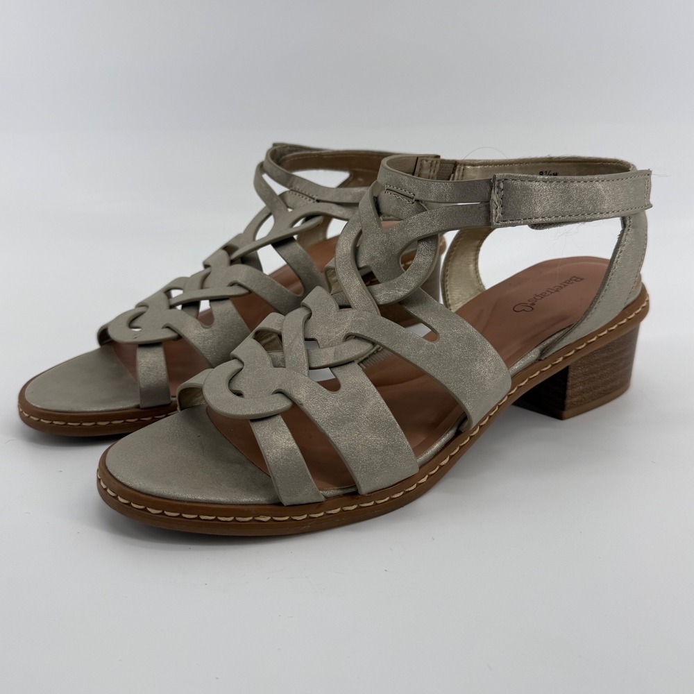 Baretraps Celina Metallic Pewter Strappy‎ Block Heel Sandals Silver Womens 8.5
